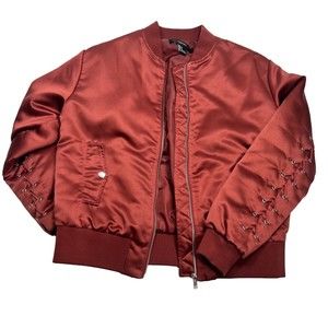 Forever 21 Women's Sz Small Satin Lace-Up Bomber Jacket Rust Burgundy